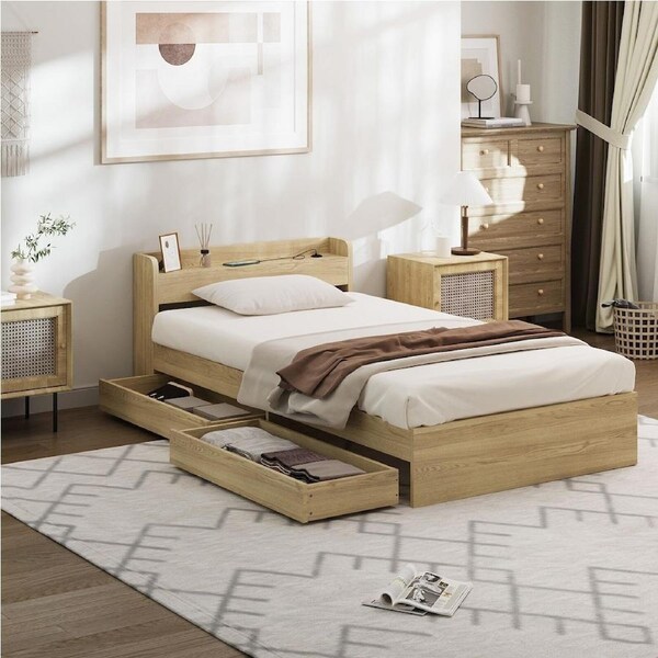 Oikiture Bed Frame Queen Double King Single Size with Charging Ports 2 Drawers Wooden Single