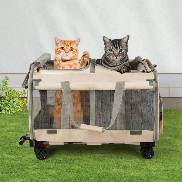 Pawz Pet Carrier 4 Wheel Rolling Foldable Cat Dog Stroller Travel Bag Max 50kg Beige