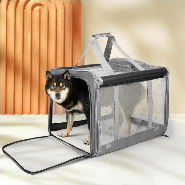 Pawz Pet Carrier Bag Foldable Dog Cat Soft Crate Travel Cage Portable Car Kennel L (60cm x 42cm x 42cm) / Grey