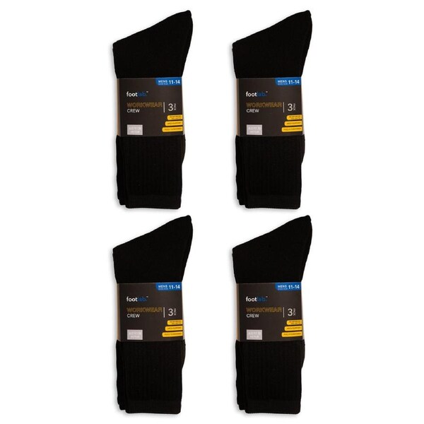 FootLab Mens 12 Pack Socks Workwear Crew, Acrylic Black 11-14