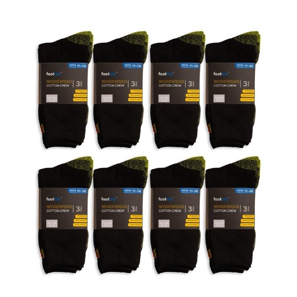 FootLab Mens 24 Pack Socks Workwear Crew, Cotton Blackmixed-Lime/Org/Navy 11-14
