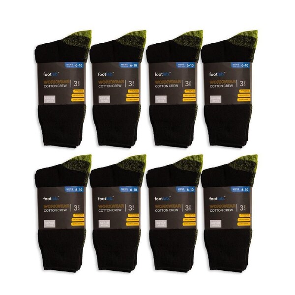 FootLab Mens 24 Pack Socks Workwear Crew, Cotton Blackmixed-Lime/Org/Navy 6-10