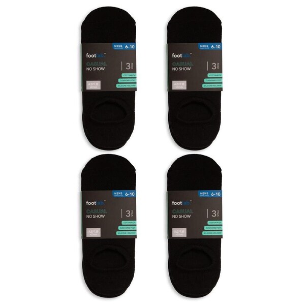 FootLab Mens 12 Pack Socks Casual No Show, Cushioned Black / 6-10