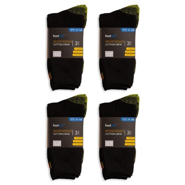 FootLab Mens 12 Pack Socks Workwear Crew, Cotton Blackmixed-Lime/Org/Navy 11-14