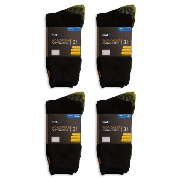 FootLab Mens 12 Pack Socks Workwear Crew, Cotton Blackmixed-Lime/Org/Navy 6-10