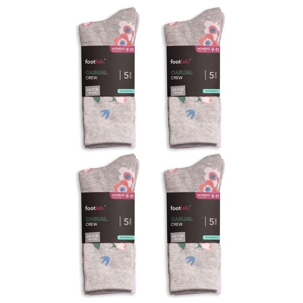FootLab Womens 20 Pack Socks Essential Crew Lilac/Grey/CloudFeather/Stripe/Check / 9-11