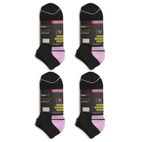 FootLab Womens 20 Pack Socks Sports Low Cut Blackw/ColourStripeSole / 5-8