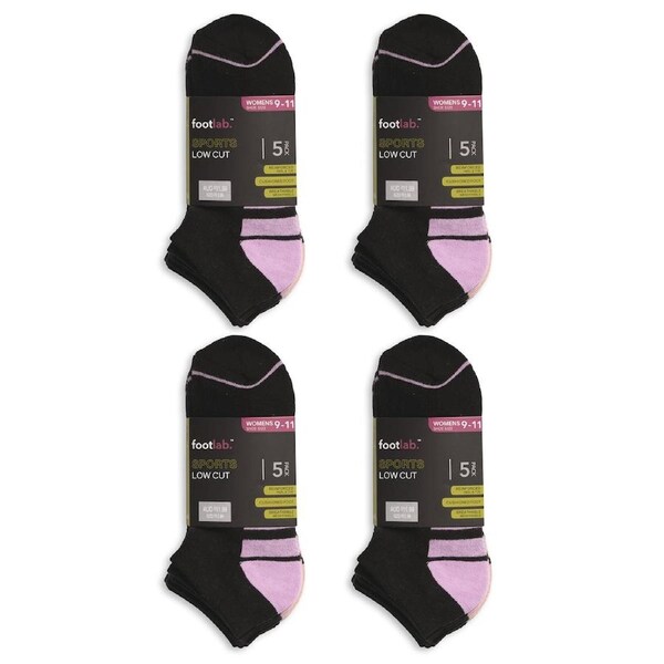 FootLab Womens 20 Pack Socks Sports Low Cut Blackw/ColourStripeSole / 9-11