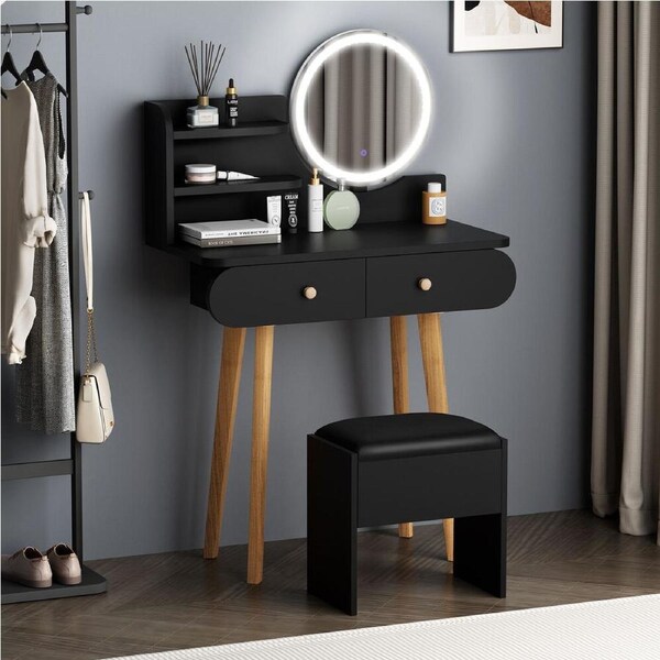 ALFORDSON Dressing Table Stool Set Makeup Mirror Vanity Desk LED Lights Black