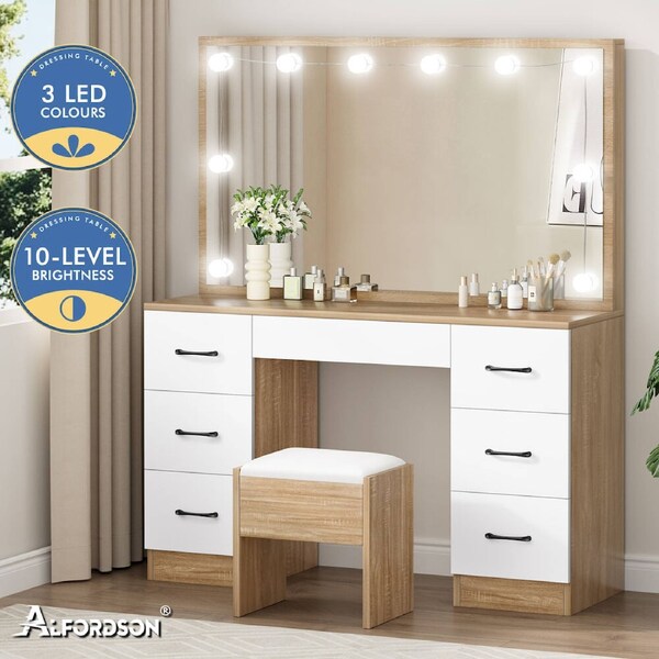 ALFORDSON Dressing Table Stool Set Makeup Mirror LED 10 Bulbs Oak & White