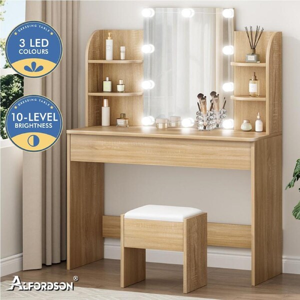 ALFORDSON Dressing Table Stool Set Makeup Mirror Desk LED 10 Bulbs White Wood