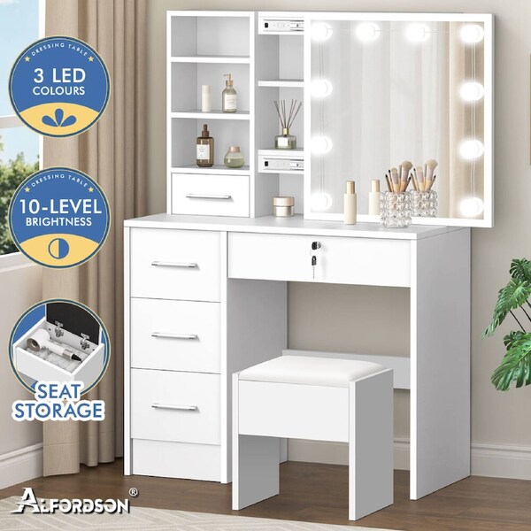 ALFORDSON Dressing Table Stool Set Makeup Mirror Storage Desk LED 10 Bulbs White
