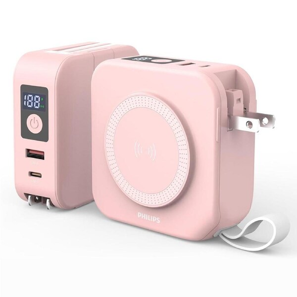 PHILIPS 10 in 1 Power Bank Wireless 10000mAh 20W Travel Charger with AU, EU, UK Adapter Pink