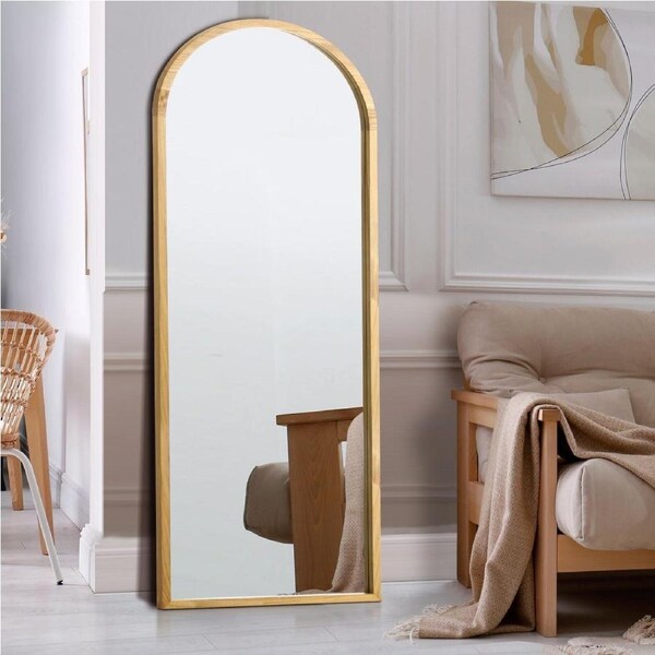Oikiture Full Length Mirror 180x70cm Dressing Floor Mirrors Arched-Wooden-Natural