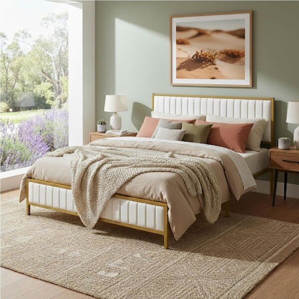 1 x Levede Bed Frame Metal with Soft Headboard, Storage & Modern White Finish Double/Queen Queen