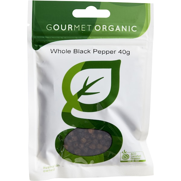 Gourmet Organic Whole Black Pepper 40g