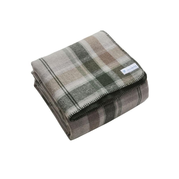 Luxe Bedding Premium Australian Wool Reversible Blanket-Olive Green Plaid King/Super King