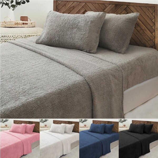 Luxor Teddy Bear Fleece Fitted Flat Sheet + Pillowcase Set in 5 Colors Double / Grey