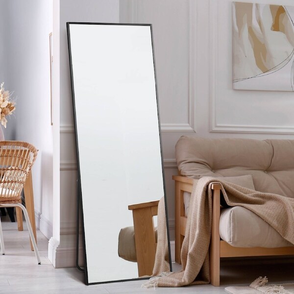 Oikiture Full Length Mirror 166x60cm/180x70cm Rectangle Dressing Floor Mirrors Free Standing Black-166cmx60cm