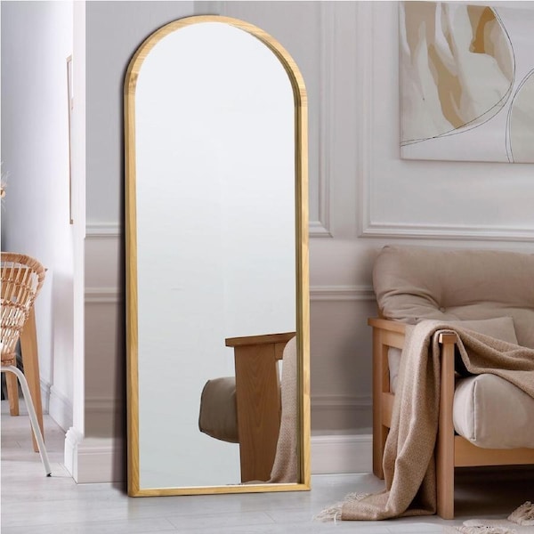 Oikiture 166x60cm/180x70cm Full Length Mirror Arched Dressing Floor Mirrors Free Standing 180x70cm-Wooden-Natural Frame