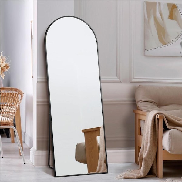 Oikiture 166x60cm/180x70cm Full Length Mirror Arched Dressing Floor Mirrors Free Standing 180x70cm-Black Metal Frame