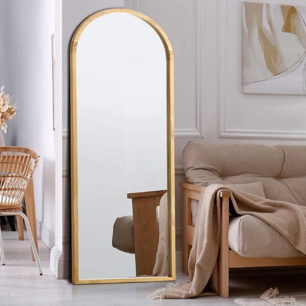 Oikiture 166x60cm/180x70cm Full Length Mirror Arched Dressing Floor Mirrors Free Standing Wooden-Natural Frame