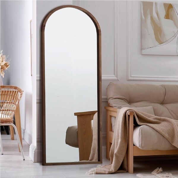 Oikiture 166x60cm/180x70cm Full Length Mirror Arched Dressing Floor Mirrors Free Standing Wooden-Walnut Frame
