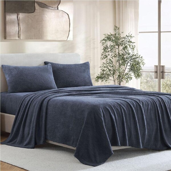 Ardor Boudoir Teddy Fleece Polyester Bed Sheet with Pillowcase Bedding Set Navy Queen