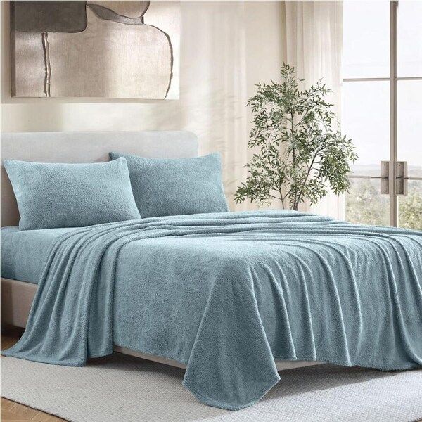 Ardor Boudoir Teddy Fleece Bed Sheet with Pillowcase Bedding Set Sea Mist Double