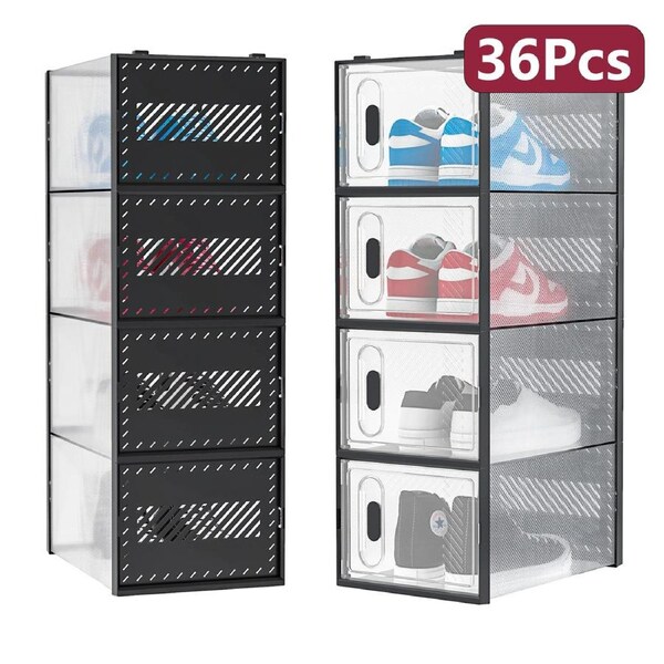 Advwin 12-36Pcs Clear Shoe Storage Case Display Box Stackable Sneaker Rack Aromatic White Black / 36Pcs