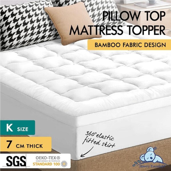 STARRY EUCALYPT Mattress Topper Bamboo White Pillowtop Protector All Sizes 7cm King