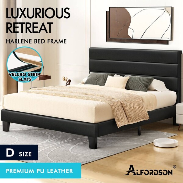 ALFORDSON Bed Frame Queen Double King Single Size Upholstered Base Black Leather Double