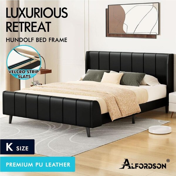 ALFORDSON Bed Frame Queen Double King Single Size Upholstered Base Black Leather King