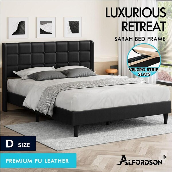 ALFORDSON Bed Frame Queen Double King Single Size High Headboard Black Leather Double