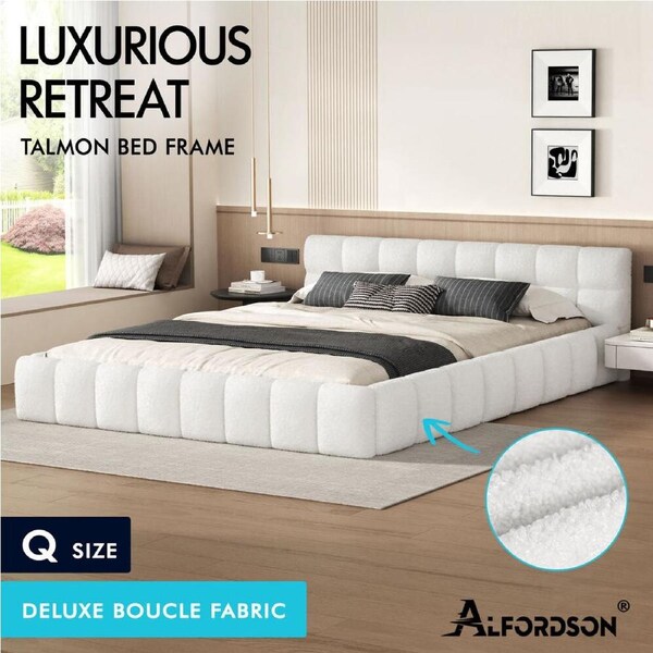 ALFORDSON Bed Frame Queen Double King Single Size Tufted Headboard White Boucle Queen