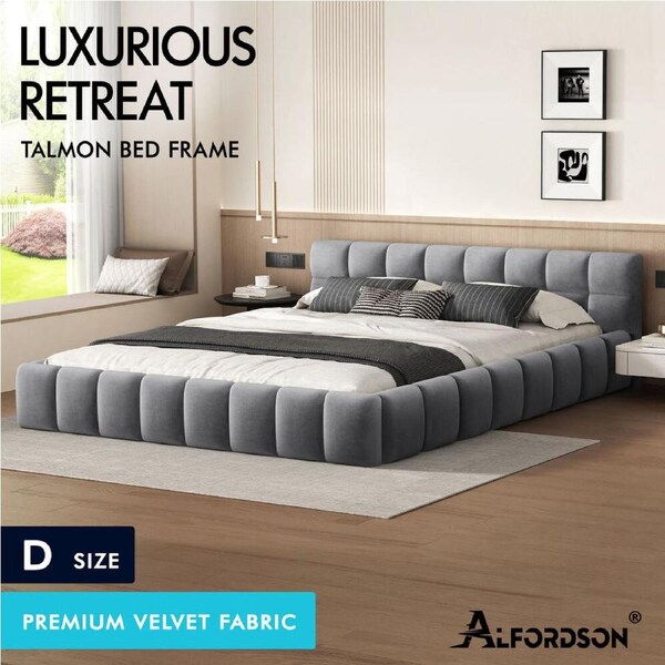 ALFORDSON Bed Frame Queen Double King Single Size Tufted Headboard Grey Velvet Double