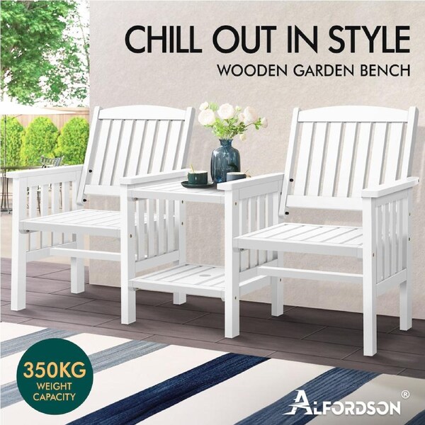 ALFORDSON Wooden Garden Bench Loveseat Outdoor Chairs Table Set Patio Furniture Loveseat & Table Set - White