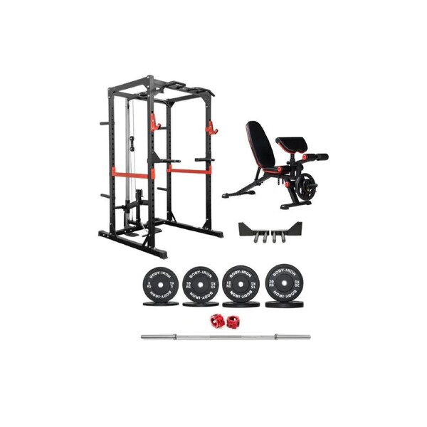 Body Iron Studio PR700 Power Rack Elite Set + 120kg Olympic Barbell & Bumper Plate Set Body Iron Deluxe Leg/Preacher Curl Utility FID Bench UB250