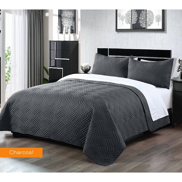 Home Fashion 3 PCS Soft Premium Bed Embossed Coverlet Queen King Charcoal / King