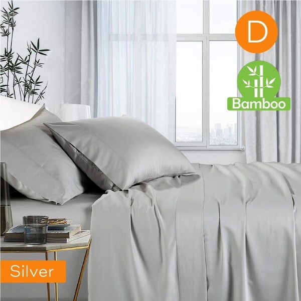 1000TC Luxurious Bamboo Cotton Sheet Sets Fitted Flat Sheet Pillowcases All Size Silver / Double