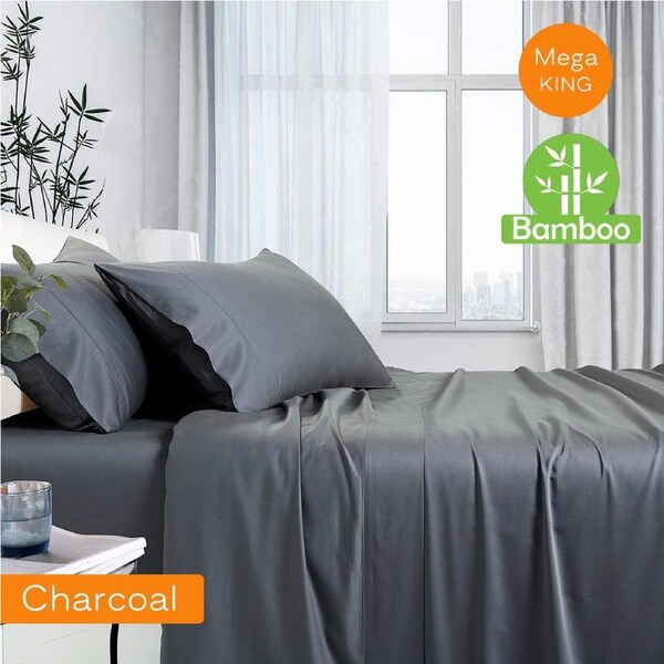 1000TC Luxurious Bamboo Cotton Sheet Sets Fitted Flat Sheet Pillowcases All Size Charcoal / Mega King