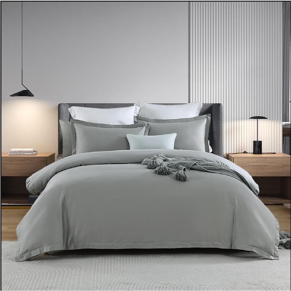 400TC 100% Premium Egyptian Cotton Duvet Cover & Fitted Sheet Set Pillowcases All Sizes Silver / Queen