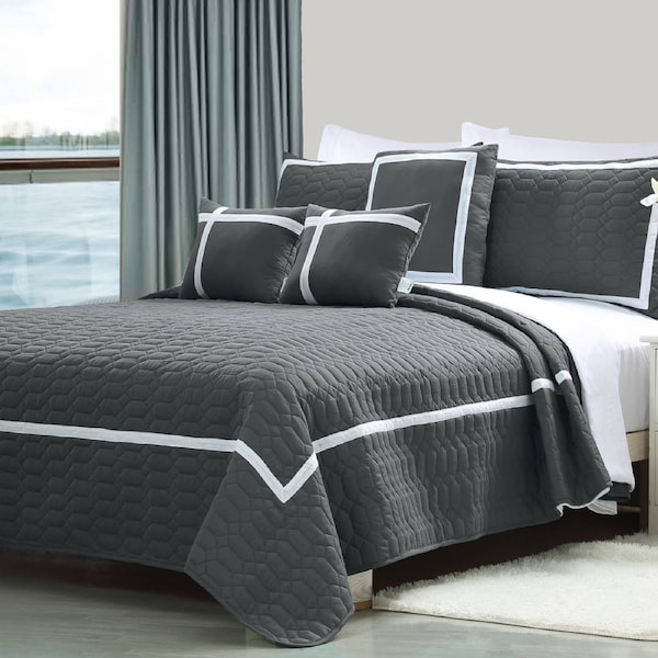 10 Piece Two-Tone Embossed Comforter with Sheet Set test Charcoal / King
