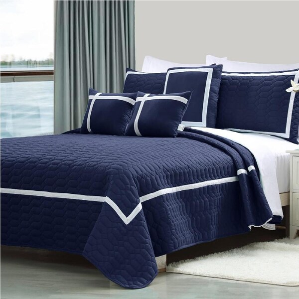 10 Piece Two-Tone Embossed Comforter with Sheet Set test Navy / King