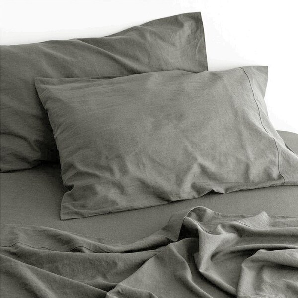 Amor Luxurious Linen Cotton Sheet Sets Flat Fitted Sheet Pillowcases Grey / Double