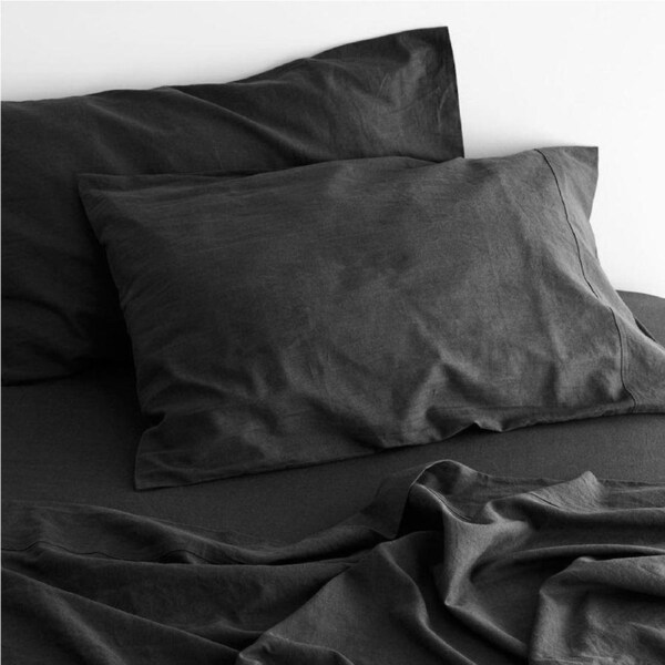Amor Luxurious Linen Cotton Sheet Sets Flat Fitted Sheet Pillowcases Charcoal / Queen