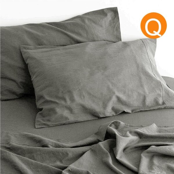 Amor Luxurious Linen Cotton Sheet Sets Flat Fitted Sheet Pillowcases Grey Queen