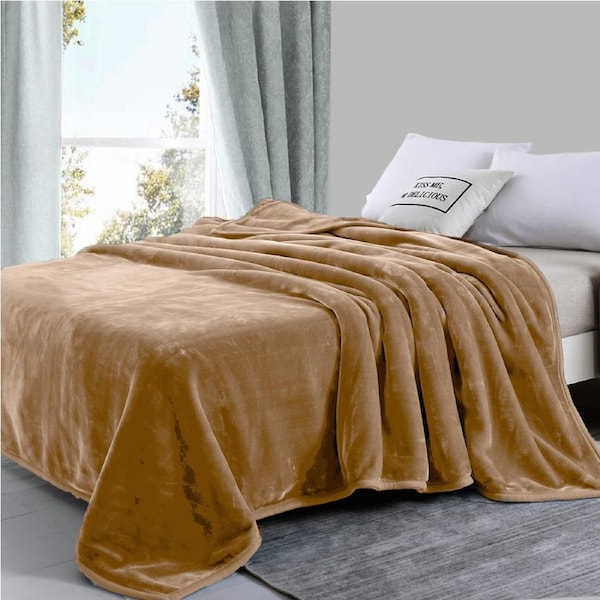 Two-Ply Soft Warm Mink Blanket 750GSM Queen Bed Extra Thick Warm Camel