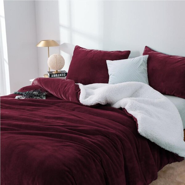 2 in 1 Microplush Soft Teddy Sherpa Duvet Cover Set and Blanket Aubergine / King