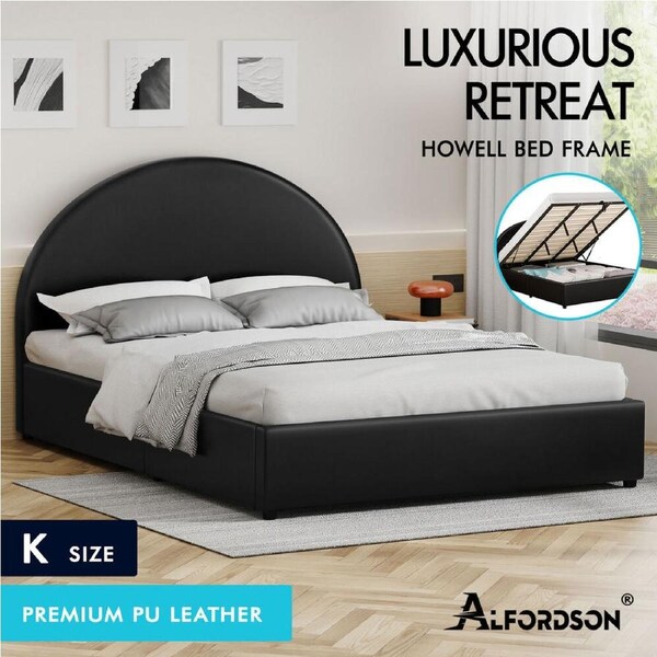 ALFORDSON Bed Frame Queen Double King Single Gas Lift Storage Base Black Leather King